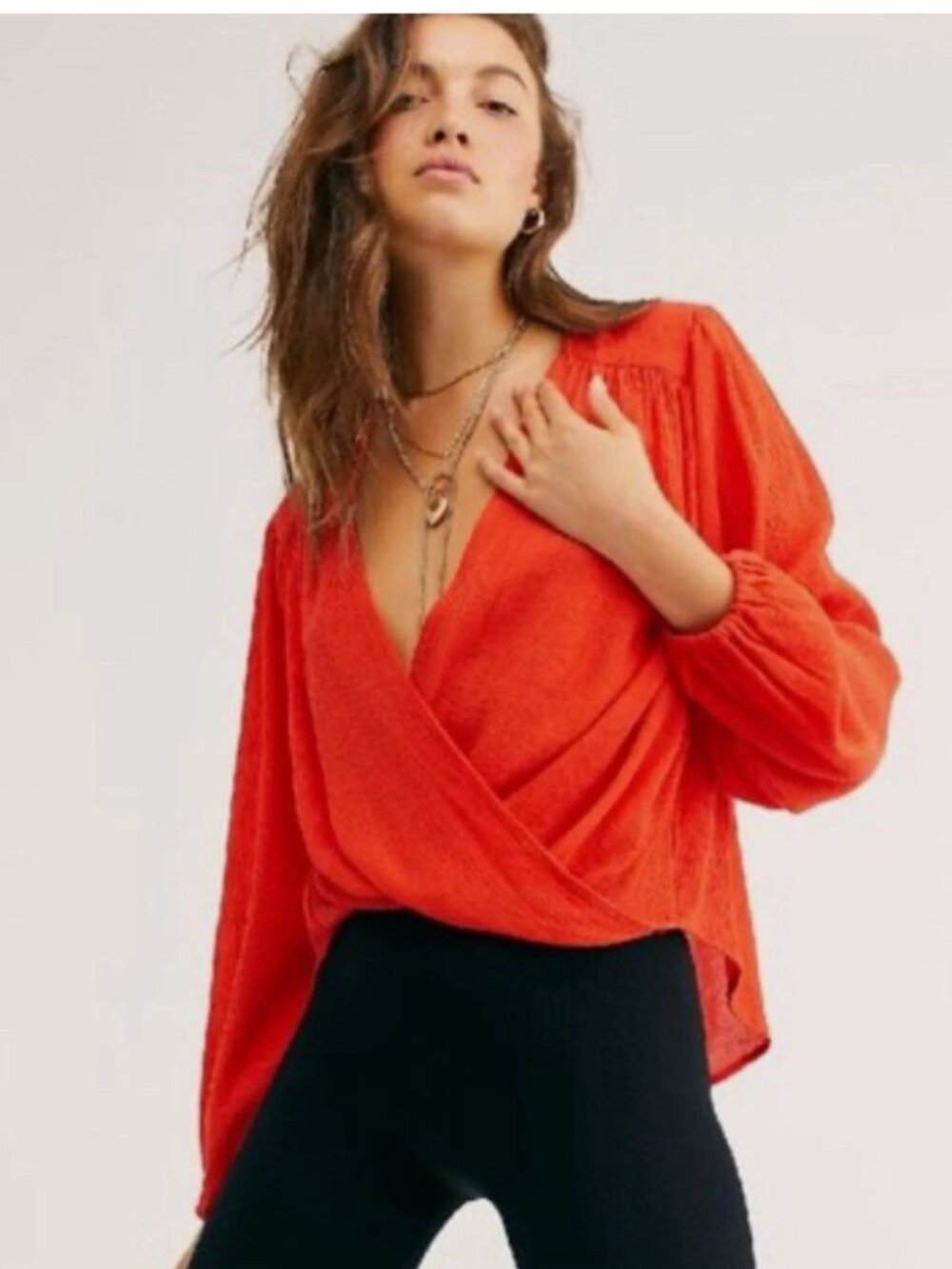 Free People Red Draped Wrap Blouse Oversized Size S